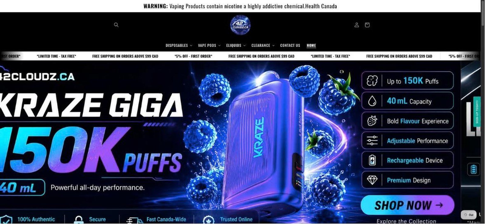 The 42 Cloudz storefront homepage, with the Health Canada nicotine warning bar above the navigation.