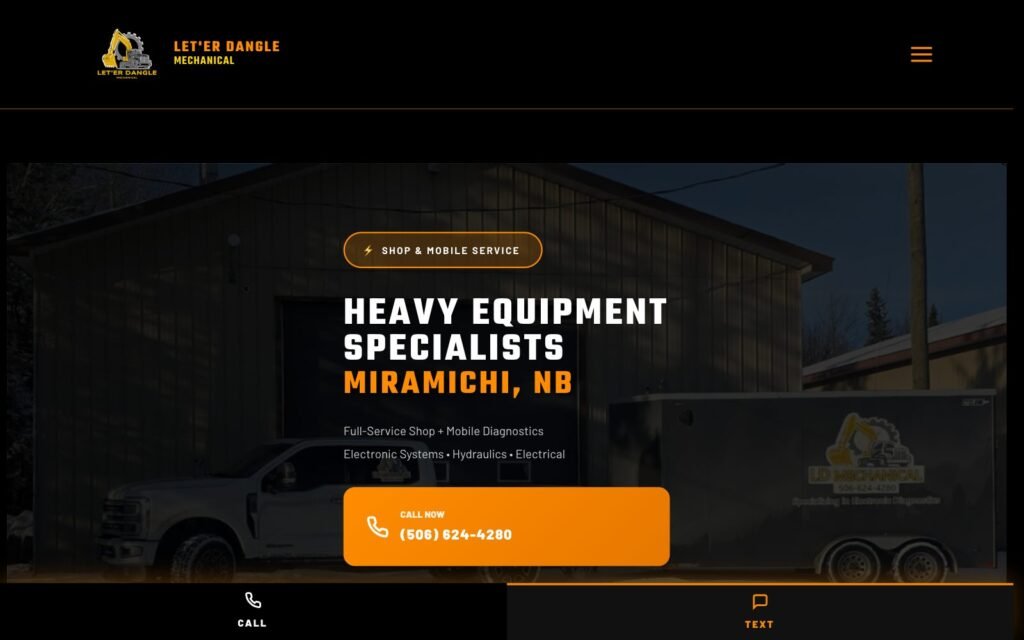 Let'er Dangle Mechanical homepage: a custom WordPress site for a heavy equipment repair shop in Miramichi, New Brunswick
