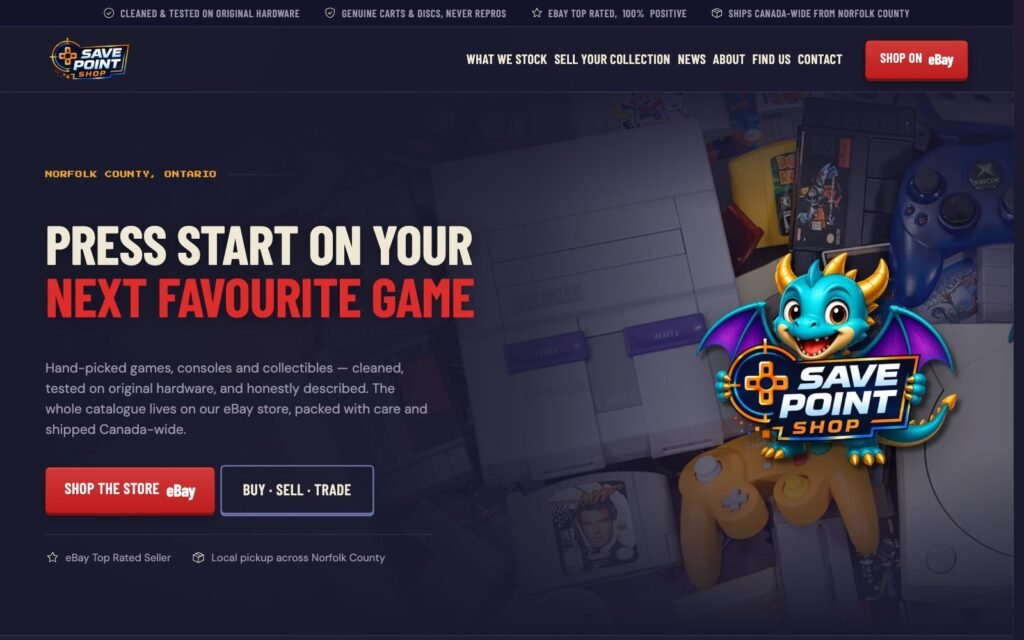 Save Point Shop homepage: a WordPress site for a retro games and trading-card seller in Norfolk County, Ontario